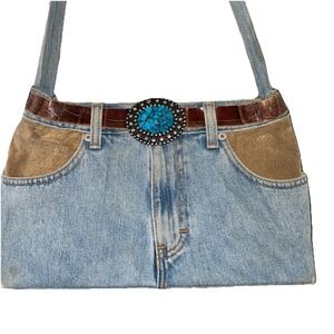 RitZrag‎ Recycled Denim Shoulder Bag Cowgirl Turquoise Belt Buckle Booty Purse